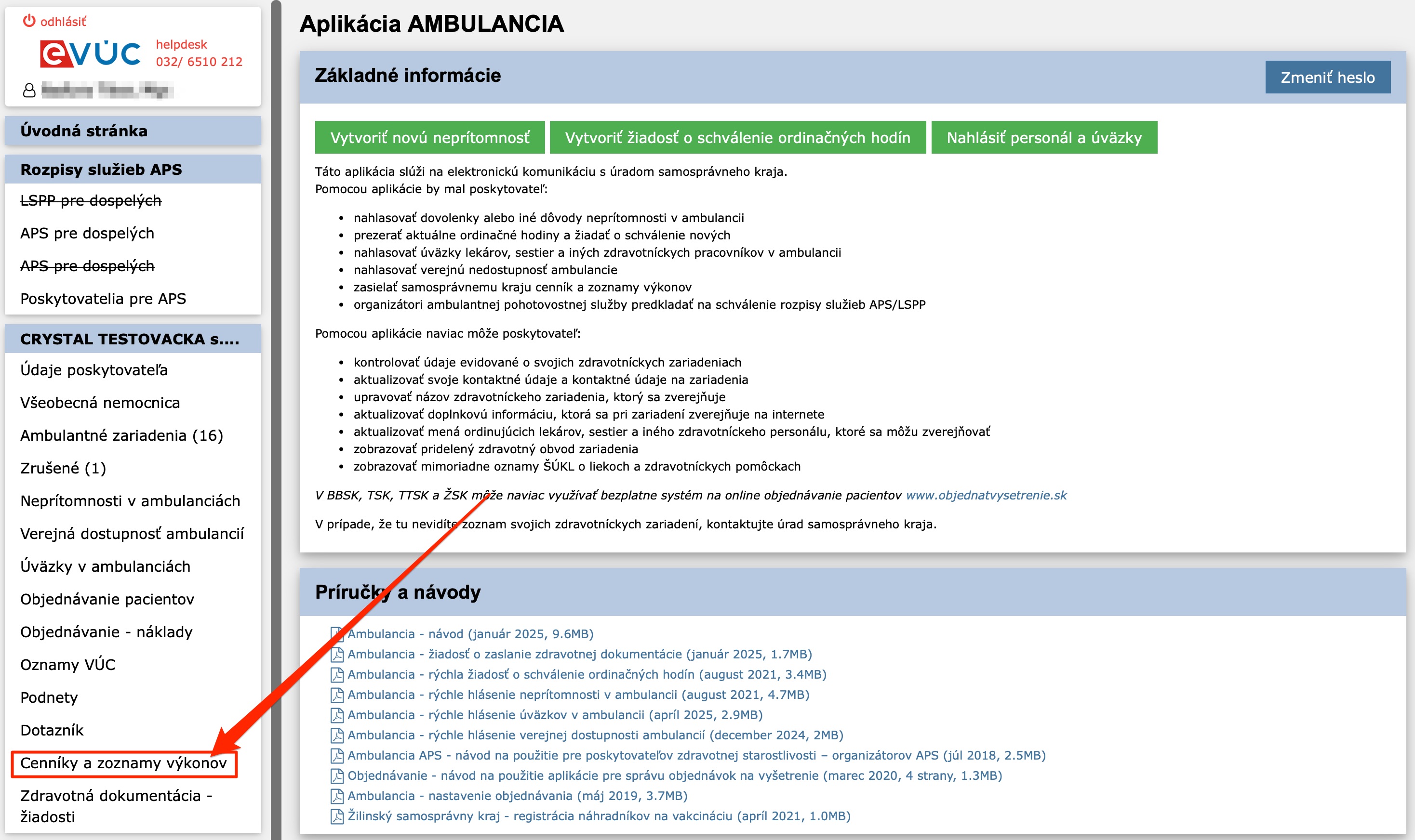ľavé menu - výber cenníkov